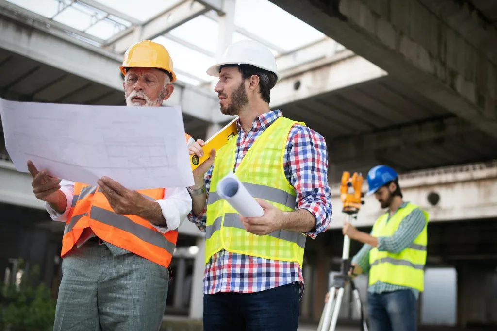 Engineer foreman and worker discussing in building construction site